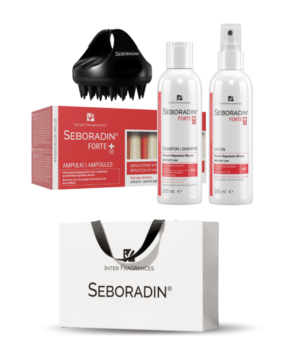 Zestaw prezentowy Seboradin FORTE - szampon, ampułki, lotion, masażer do skóry głowy
