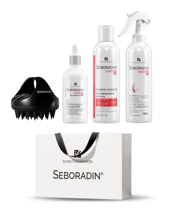 Zestaw prezentowy Seboradin FORTE - szampon, serum, odżywka bez spłukiwania, masażer do skóry głowy 