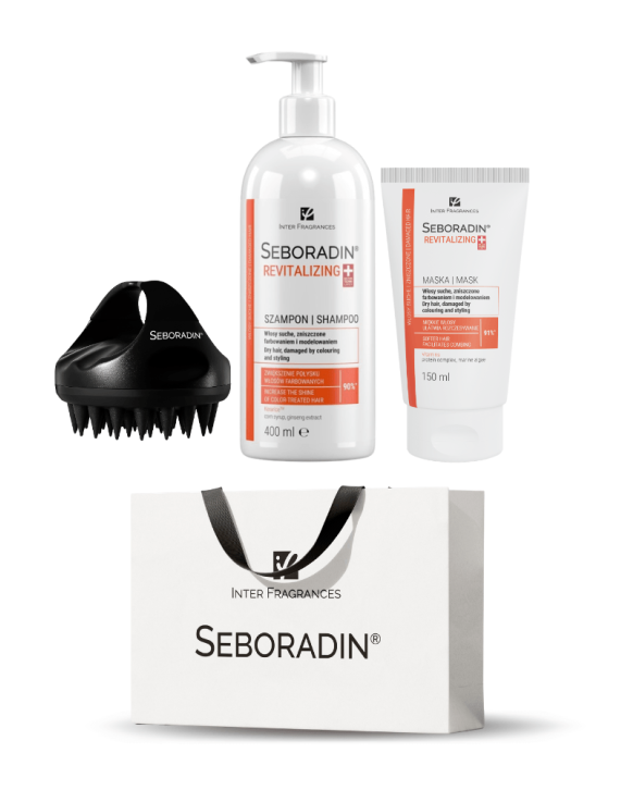 Zestaw prezentowy Seboradin REVITALIZING - szampon, maska, masażer do skóry głowy
