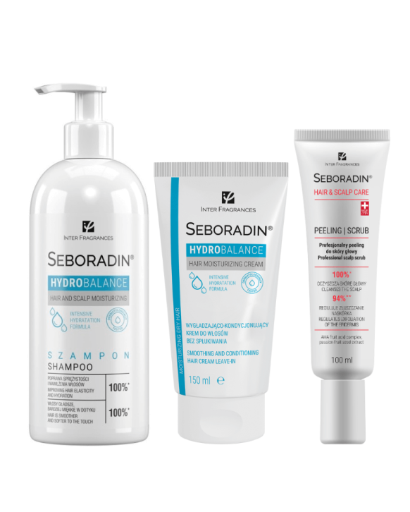 Zestaw Seboradin HYDRO BALANCE - szampon 400 ml, krem do włosów 150 ml, peeling do skóry głowy 100 ml