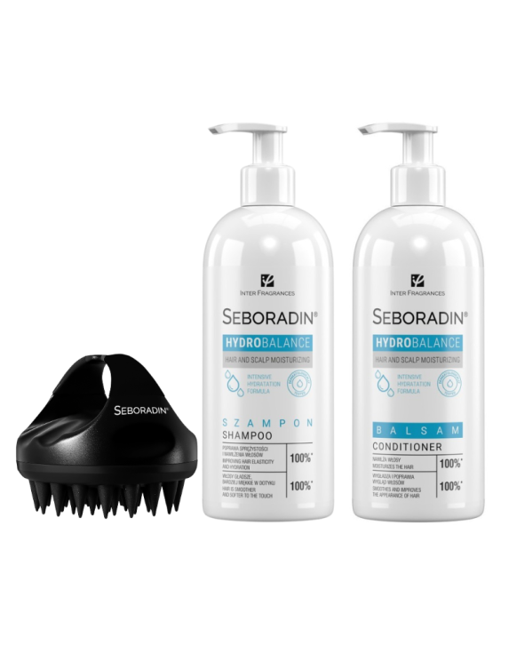 Zestaw Seboradin HYDRO BALANCE - szampon, balsam, masażer do skóry głowy