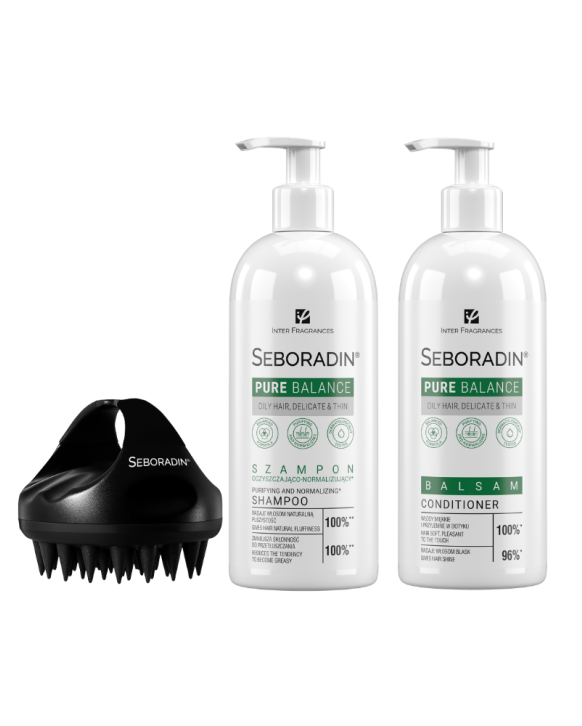 Zestaw Seboradin PURE BALANCE - szampon, balsam, masażer do skóry głowy