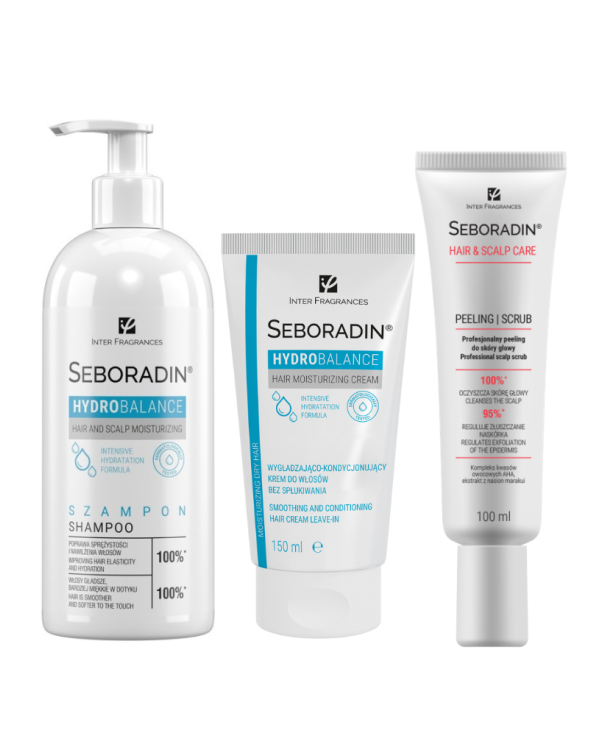 Zestaw Seboradin HYDRO BALANCE - szampon 400 ml, krem do włosów 150 ml, peeling do skóry głowy 100 ml