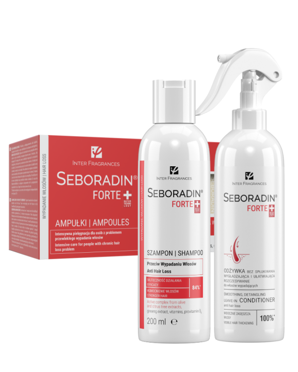 Zestaw Seboradin FORTE - ampułki 14 x 5,5 ml, szampon 200 ml,  odżywka bez spłukiwania 200 ml